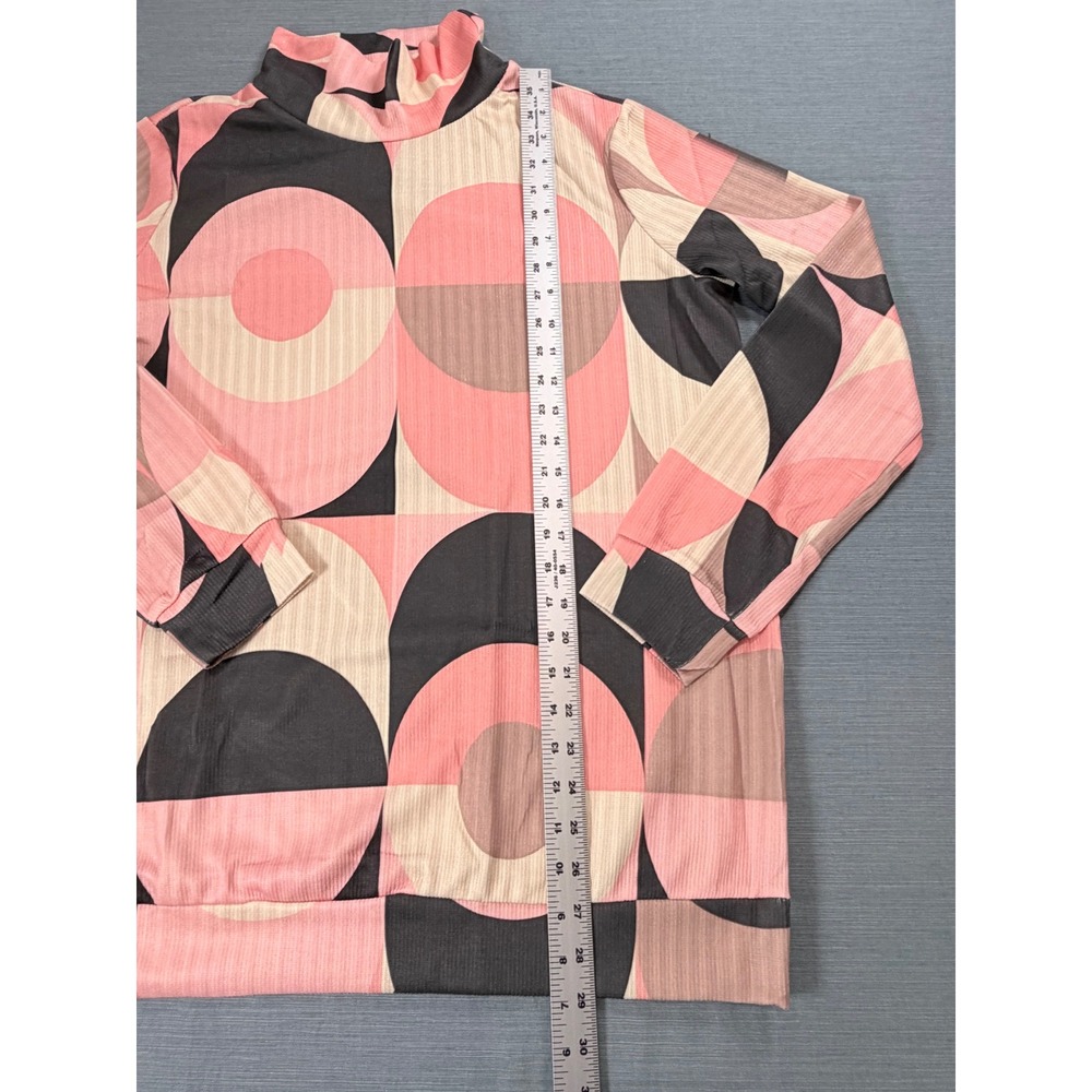 Pink Geometric Circle Print Mock Neck Ribbed Long Sleeve Top Large Retro Mod - Picture 5 of 6